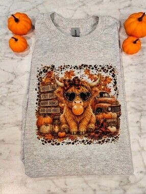 Fall shirt Highlander Cow pumpkin With Cheetah Border cute popular Western